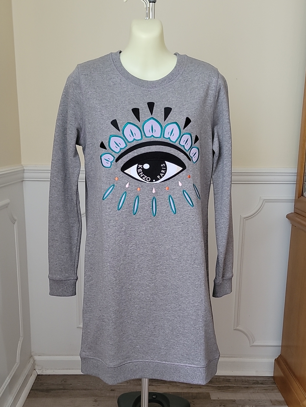 XS Kenzo Gray Sweatshirt Dress Turquoise, Purple, Black, Pink Orange Eye Motif
